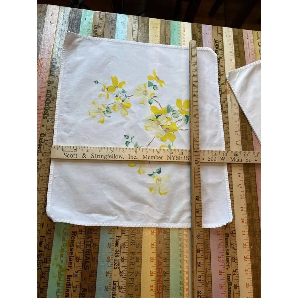 Set of 5 Vintage Cotton Floral Napkins Yellow Dogwood Print 15X17 Square Retro